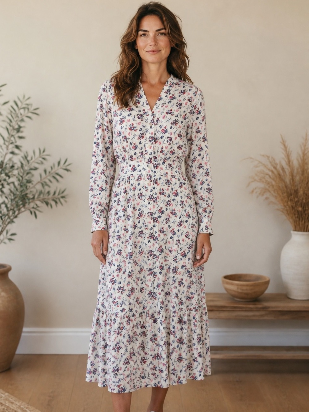 Brooks Brothers White Midi Dress with Pink & Purple Floral
